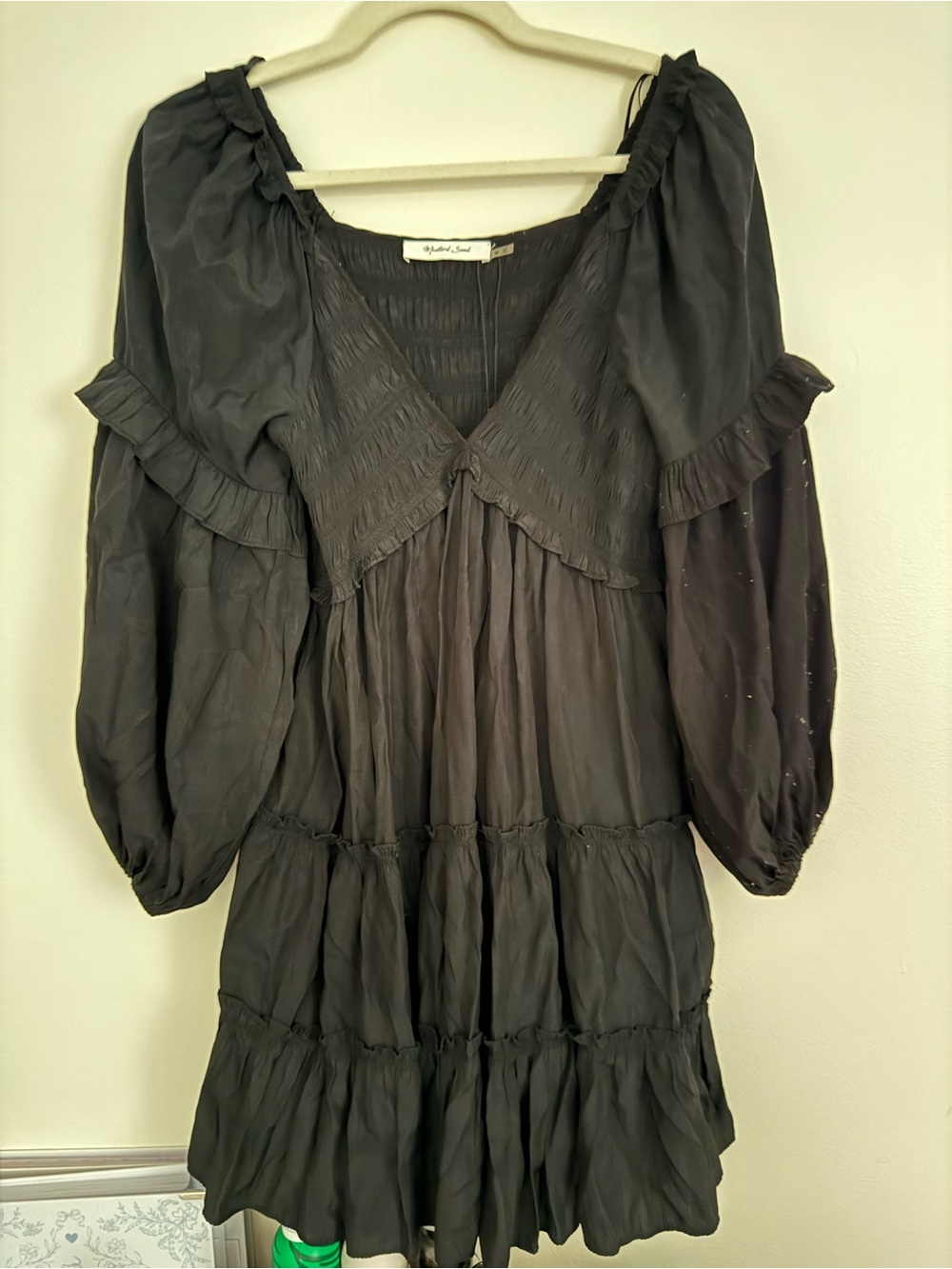 Mustard Seed Black Puff-Sleeve Tiered Mini Dress